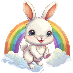 Obraz premium An endearing cartoon bunny with a fluffy tail hops beneath a radiant rainbow on a transparent background. The sweet and cheerful artwork is perfect for children�s books, stickers, and playful,clip art