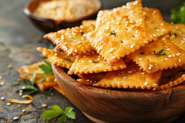 Cheesy crackers with sesame seeds in wooden bowl homemade organic snack