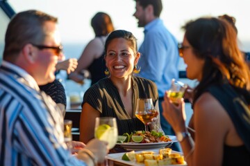 Professional Photography of a corporate cruise or boat party, with colleagues enjoying food, drinks, and entertainment on, Generative AI