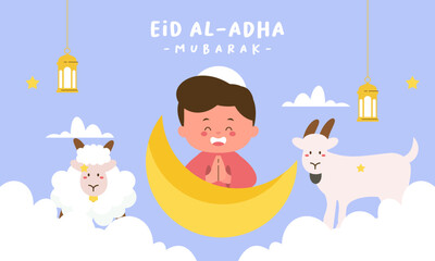 Holy Eid Al Adha Mubarak Cute Banner Cartoon doodle