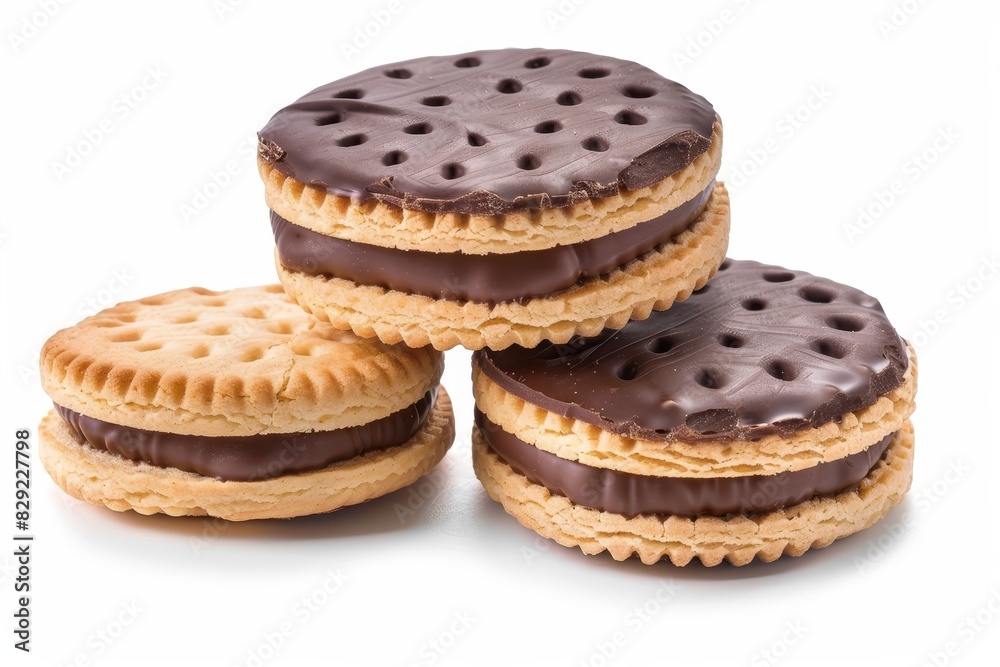 Poster chocolate filled sandwich biscuits on white background