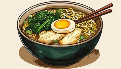 Chicken ramen with noodles egg spinach on a light backdrop