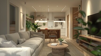 Fototapeta premium Modern Cozy Living Room and Kitchen with Indoor Plants and Warm Lighting