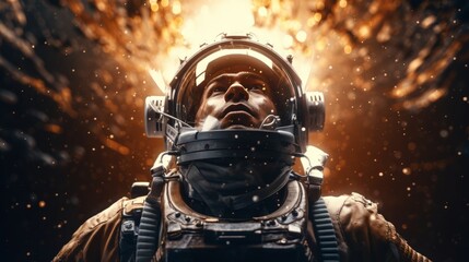 A male astronaut, with a reflective glass helmet, evoking the spirit of space exploration by Ai generate.