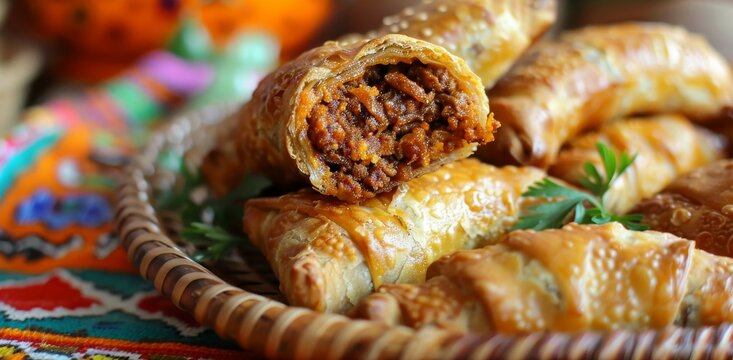 Classic party snack canudinho or tatu tail filled with minced meat and spices