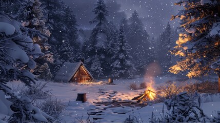 Winter's Warmth: Campfire in a Snowy Forest
