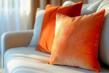 Close up cozy fabric sofa with warm cushions in Peach Fuzz tone with orange pillow as decoration