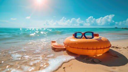 Obraz premium Sunlit Beach with Goggles and Inflatable Ring at Shore Summer Vacation, Ocean Fun, Seaside Relaxation