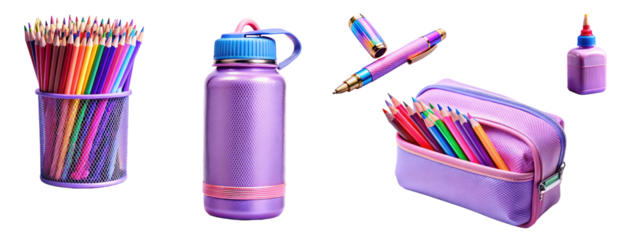 School supplies set. Back to school concept. White or transparent background. Pastel colour
