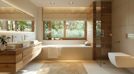 Modern Luxurious Bathroom with Wood Accents and Natural Light