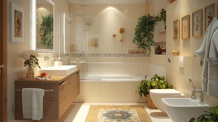 Modern Warm Bathroom with Wooden Fixtures, Indoor Plants, Soft Lighting, and Elegant Decor
