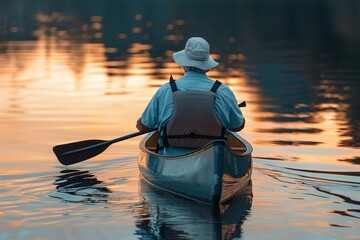 Elderly retired male enjoying a peaceful moment while canoeing or kayaking on calm waters during late afternoon, nearing dusk, serene scene, contemplative solitude and tranquility