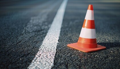 Close up of a traffic cone on an asphalt surface with worn out white road marking