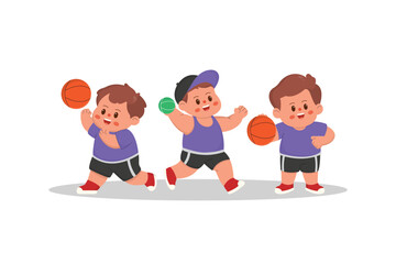 cartoon illustration of children playing basketball and tenis. characters doing sports with a simple happy concept