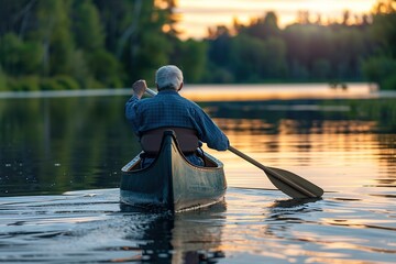 Elderly retired male enjoying a peaceful moment while canoeing or kayaking on calm waters during late afternoon, nearing dusk, serene scene, contemplative solitude and tranquility