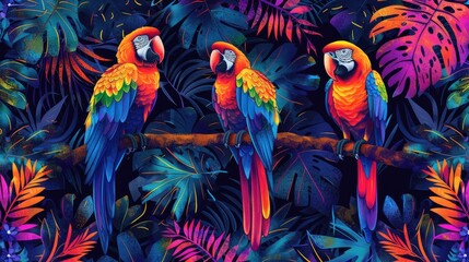 Obraz premium Colorful Parrots Perched in Tropical Jungle Amidst Vibrant Foliage and Exotic Leaves