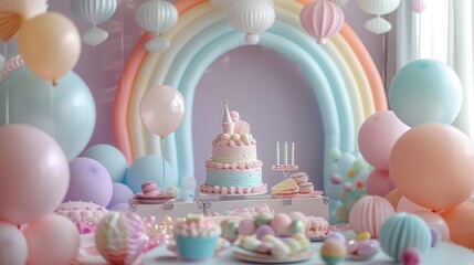 A pastel rainbow themed party with cake and decorations. 