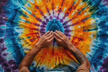 Fototapeta premium Vibrant Tie-Dye Artwork with Hands, Colorful Textile Pattern, Creative Fabric Design