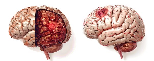 Diagram comparing a healthy brain with one affected by a cerebral hemorrhage, highlighting the differences