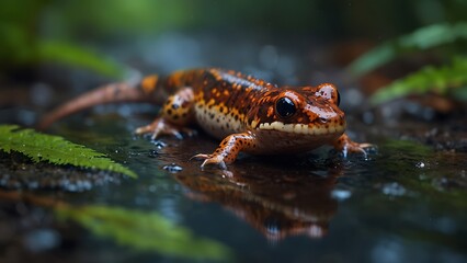 Fototapeta premium portrait of a very beautiful red patterned lizard with a blurred background