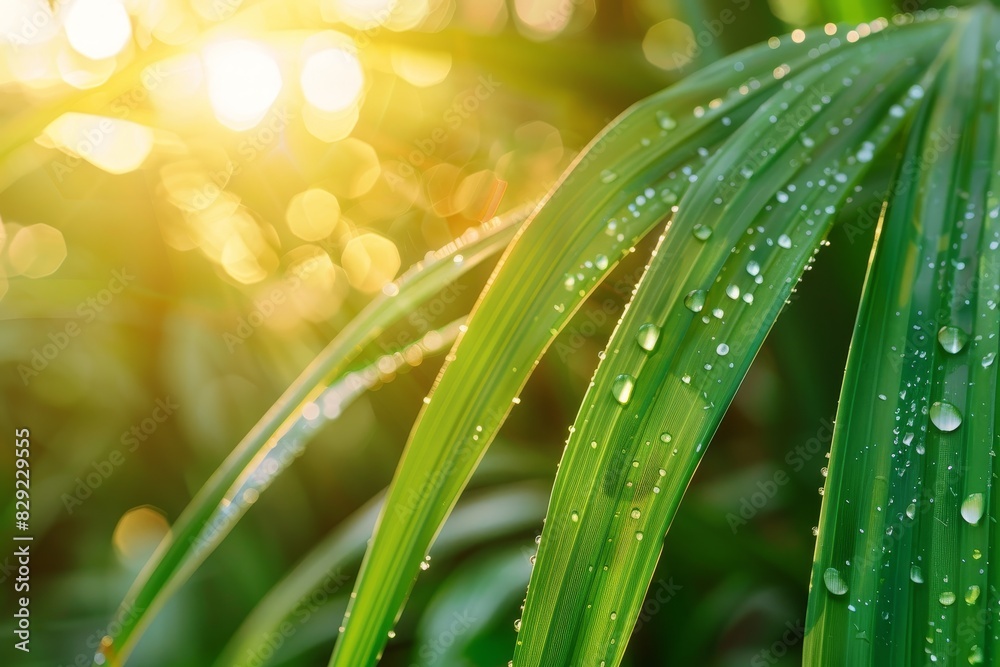 Canvas Prints Close up of sugar cane leaves with water droplets and morning sky in the background