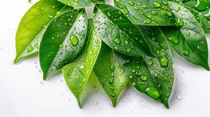 Fresh Green Leaves With Raindrops On A White Background.