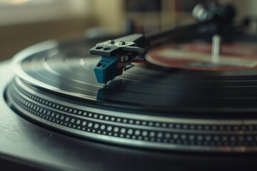 Close up of vinyl record needle playing on turntable