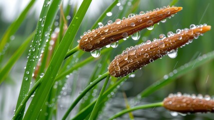 Cattails In The Rain With Water Droplets On The Seed Heads And Leaves.