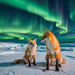 Two Red Foxes Under the Northern Lights