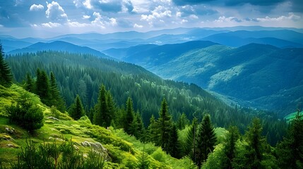 Fototapeta premium Scenic mountain landscape with lush green forests, sky and clound