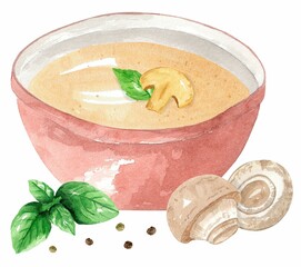 Mushroom puree soup with basil in a red plate and pepper. Hand drawn watercolor illustration isolated on white background. Template for design.