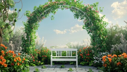 Floral arch and bench in stylized rural corner for photography