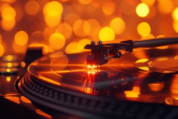 Close up photo of turntable needle on vinyl record with warm orange glow Vintage vinyl player disco lights bokeh Artistic concept of retro music and nostalgy