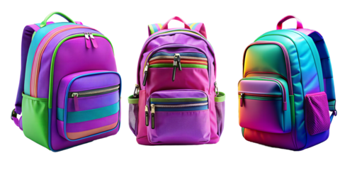 Set of fabric backpack with many zips and pockets.White or transparent background. Ideal for the beginning of the school year. Backpack for adventure sports in shocking colours