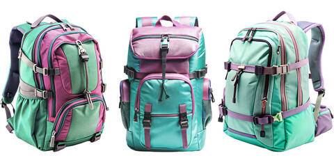 Fototapeta premium Set of fabric backpack with many zips and pockets.White or transparent background. Ideal for the beginning of the school year. Backpack for adventure sports in pastel colours