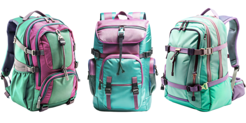 Set of fabric backpack with many zips and pockets.White or transparent background. Ideal for the beginning of the school year. Backpack for adventure sports in pastel colours