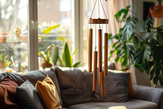 Closeup of wind chime in bright living room