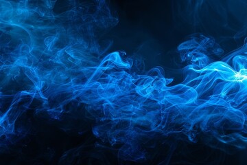 Elegant blue smoke swirls on dark backdrop ideal for logo mockup Wide horizontal wallpaper or web banner
