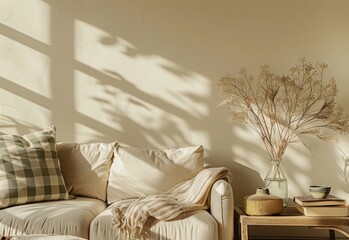 Elegant interior design with beige sofa coffee table green plaid and books Minimalist decor Template