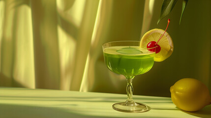 Midori sour cocktail, lemon cherry garnish