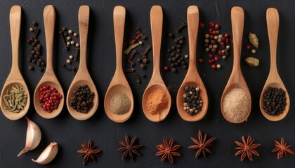 Flat lay of Indian spices and herbs in wooden spoons showcasing chilli pepper garlic thyme cinnamon star anise nutmeg and rosemary - Powered by Adobe