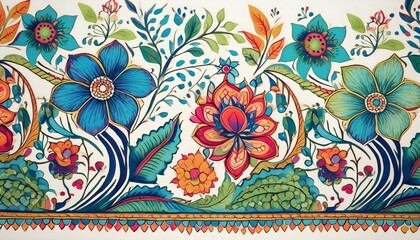 Indian block print and border with blue, green, red on white with a touch of pink and yellow