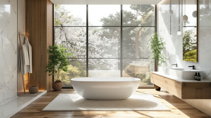 Bright Japanese-style bathroom with a large window, marble walls and wooden floors.
