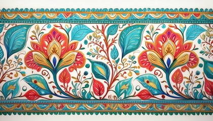 Indian block print and border with blue, green, red on white with a touch of pink and yellow