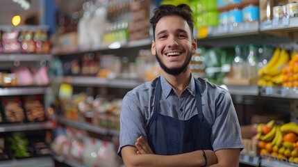 Smiling Young Retail Employee Posing at Grocery Store