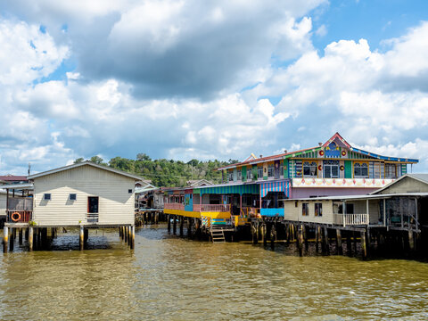 Kampong Ayer, prominent traditional settlement village scene on the Brunei river in Bandar Seri Begawan, tourism highlight landmark of capital city of Brunei Darussalam.