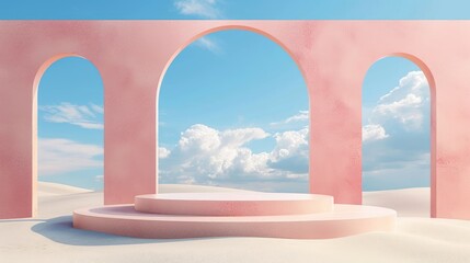 3D Illustration, Abstract Unrealistic pastel landscape backdrop with arches and a podium to display a product that includes a colorful dune setting with a blue sky, clouds, and copy space 
