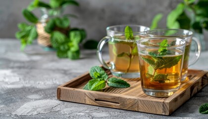 Fresh garden mint leaves garnish a glass mug of hot herbal mint tea on a wooden tray leaving room for additional items
