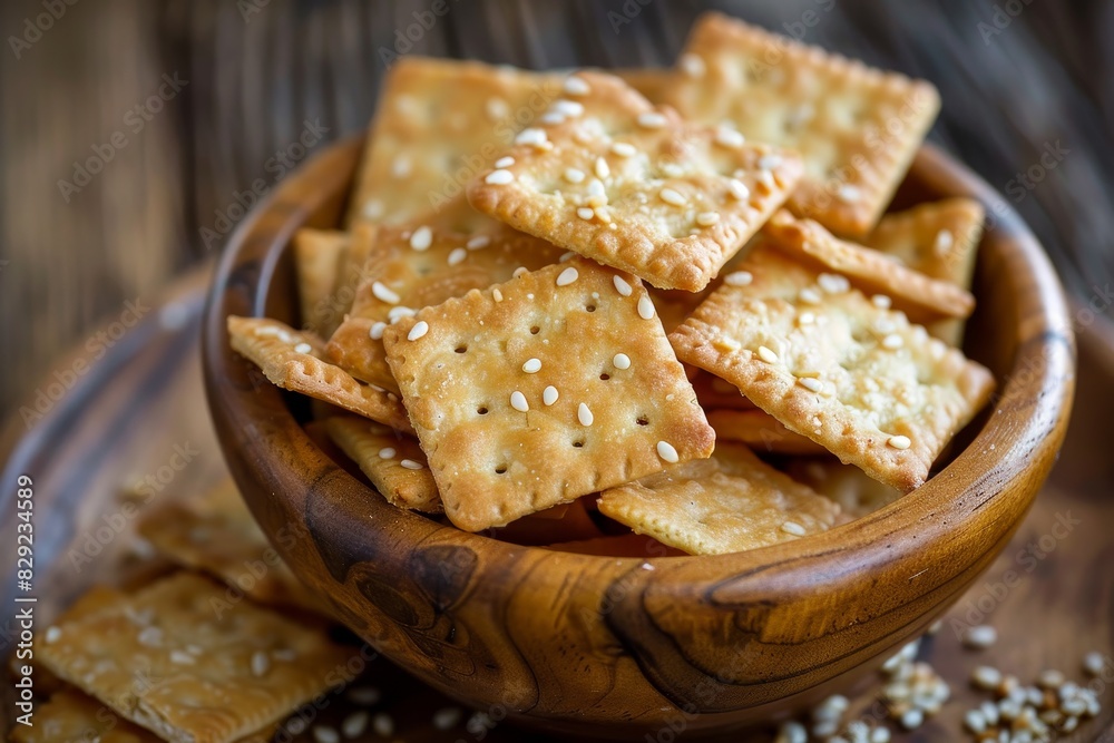 Poster Fresh organic homemade cheesy crackers with sesame seeds in a rustic wooden bowl