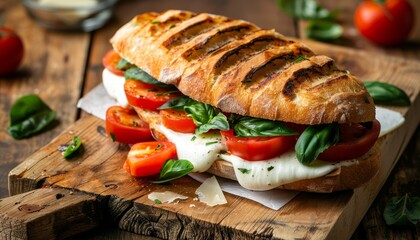 Fresh mozzarella cheese sandwich on a rustic wooden table - Powered by Adobe